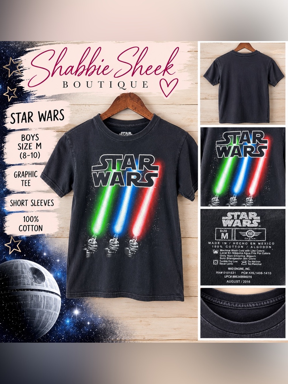 Star Wars Black Kids Tee with Red Green Blue Lightsabers